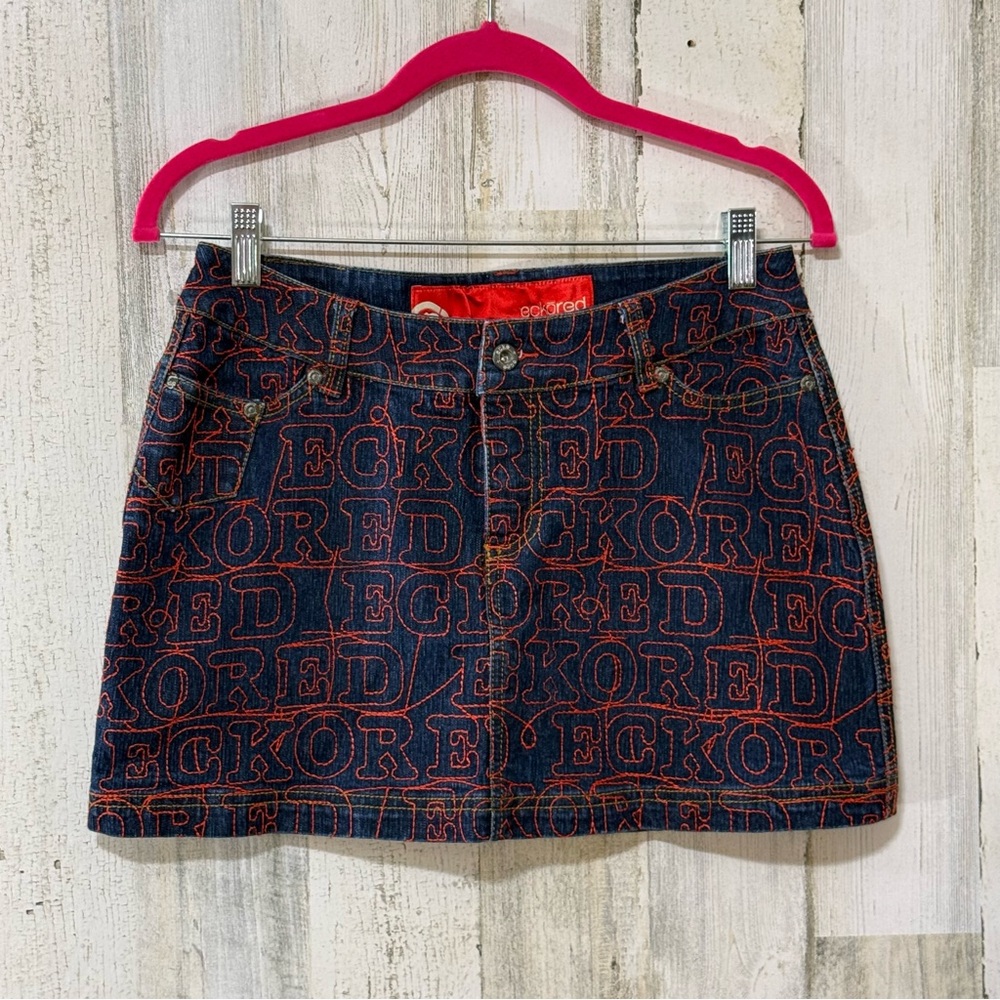 EckoRed Denim Mini Skirt with Red Logo Stitching